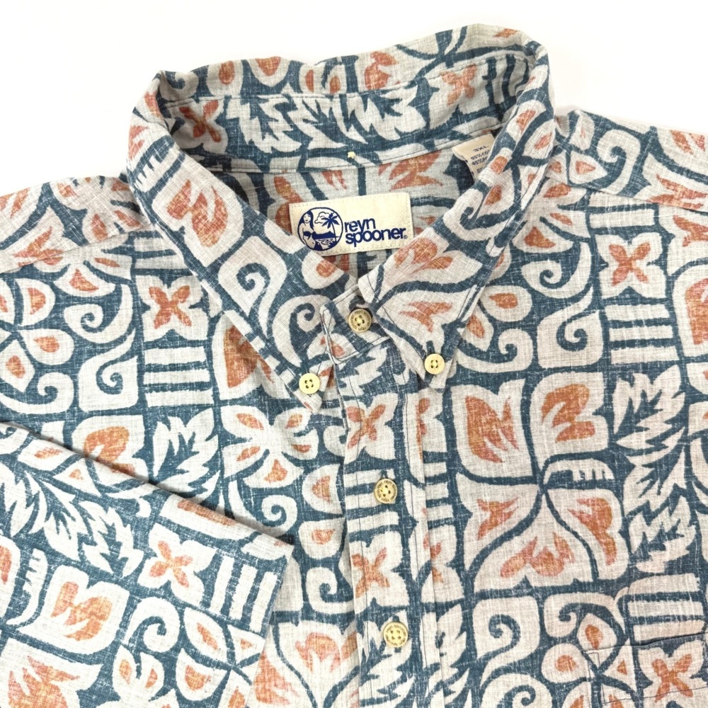 Reyn Spooner Mens 3XL Hawaiian Popover Shirt Blue Terracotta Geometric Print